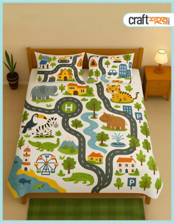 Kids Playground | সাড়ে ৬/৭ ফিট বালিশ কভার সহ 3D প্রিন্ট বেডশীট ( WaterProof )